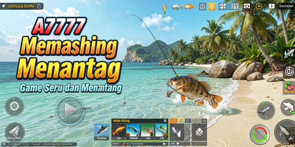 Screenshot A7777 menampilkan momen seru saat memancing di danau.