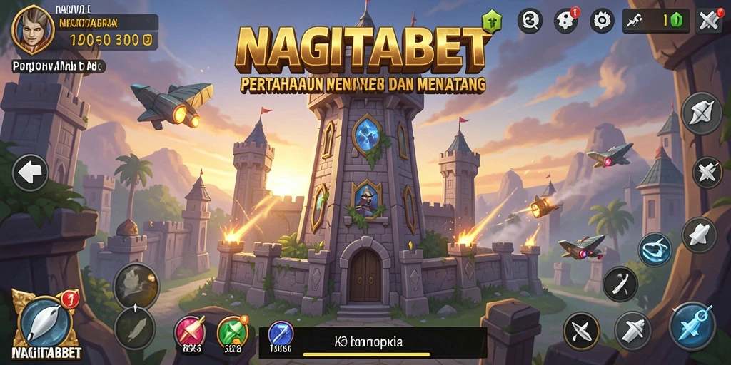 Tampilan gameplay seru di NAGITABET dengan menara yang melawan gelombang musuh.