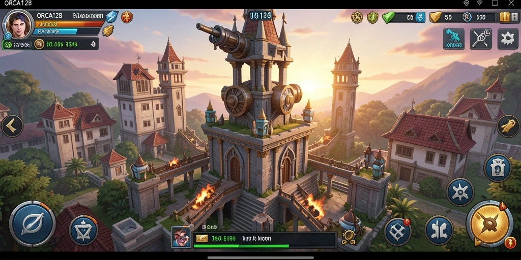 Tangkapan layar gameplay ORCA128 yang menunjukkan pertahanan menara yang strategis.